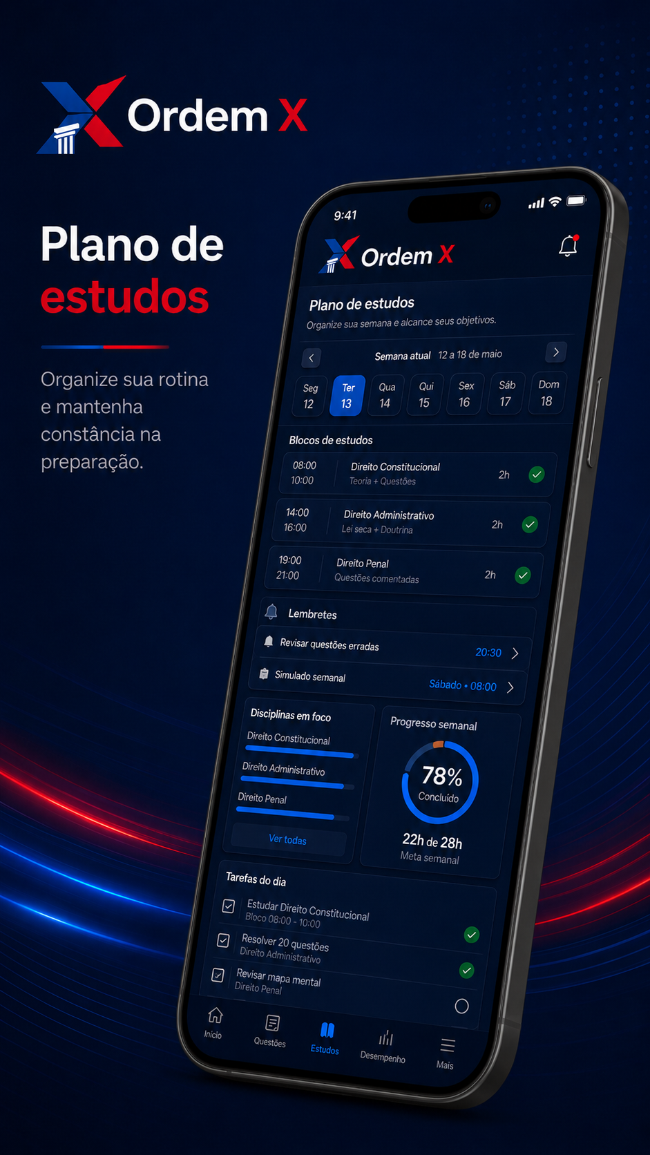 Aplicativo Ordem X mostrando o plano de estudos semanal