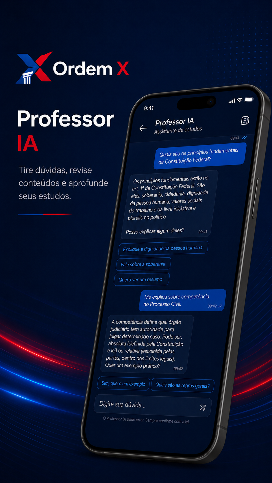 Aplicativo Ordem X mostrando uma conversa com o Professor IA